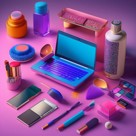 A colorful, whimsical illustration of a makeup artist's virtual workspace: a laptop surrounded by digital brushes, palettes, and mirrors, with dance-inspired beauty products and tools floating around.