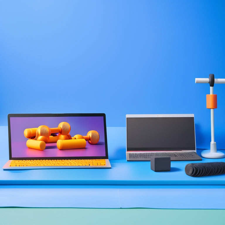 A minimalist illustration featuring a laptop screen displaying a strength training video, surrounded by dumbbells, resistance bands, and a yoga mat, set against a bright, gradient blue background.