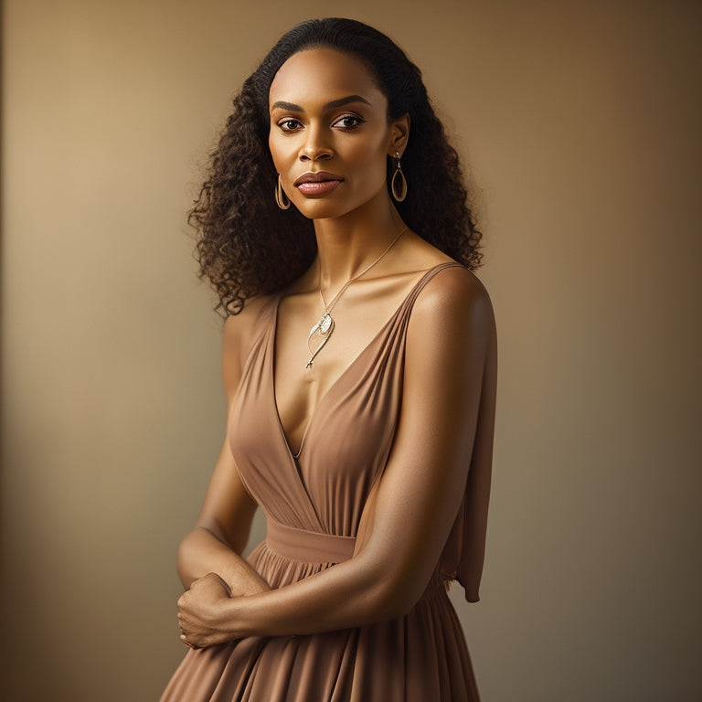 A serene, toned woman in a flowing, earth-toned dress, standing in a bright, natural-lit studio, with one arm extended and the other on her hip, showcasing perfect posture and a subtle, sultry smile.