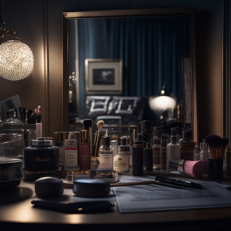 A cluttered vanity with multiple half-finished makeup projects, scattered brushes, and opened products, with a clock in the background showing 11:59 PM, surrounded by dim lighting and shadows.