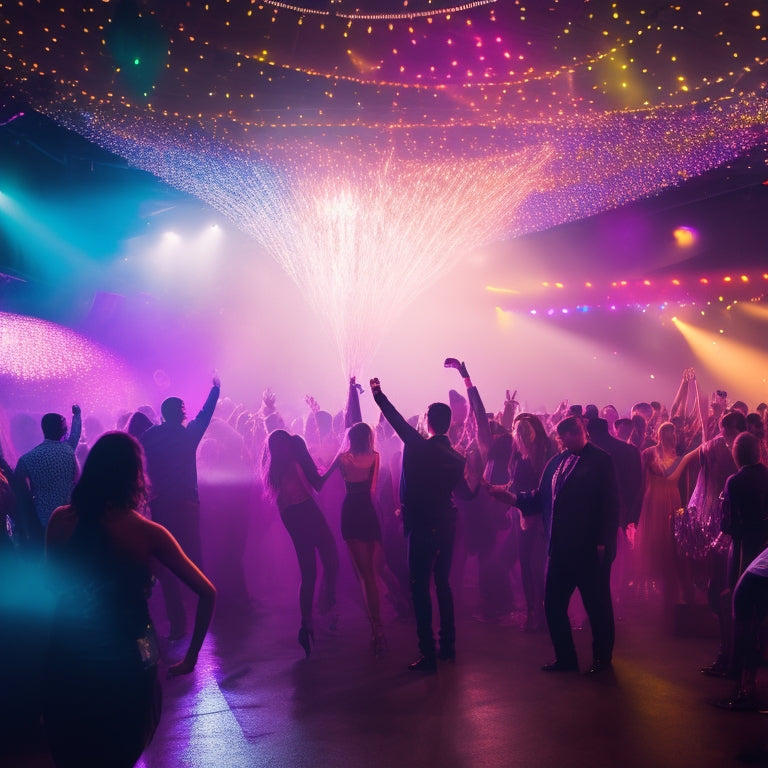 A vibrant, neon-lit dance floor scene at night, with strobe lights flashing, confetti and balloons floating in the air, and silhouetted figures dancing with raised arms.