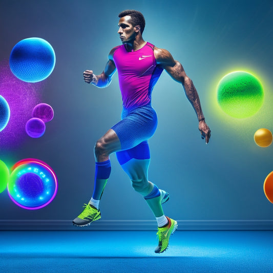 A vibrant illustration of a strong, fit runner in motion, surrounded by 10 subtle, glowing orbs, each containing a distinct symbol or icon representing a different injury prevention method.