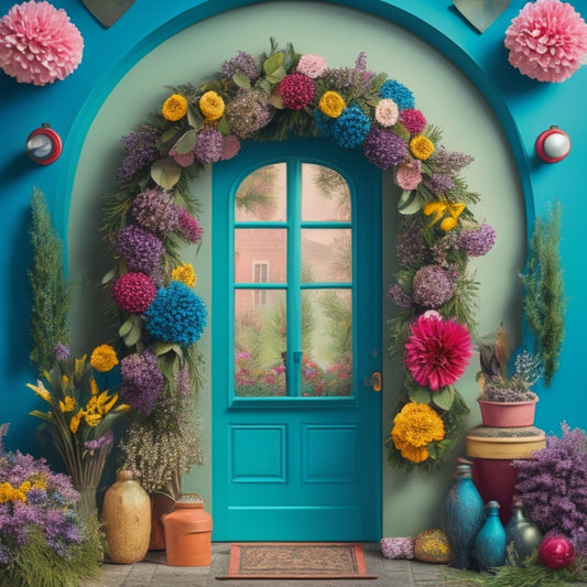 A colorful, whimsical illustration of a doorway adorned with a mix of decorative items, including a wreath made of flowers, a garland with ribbons, and a few decorative signs, surrounded by greenery.