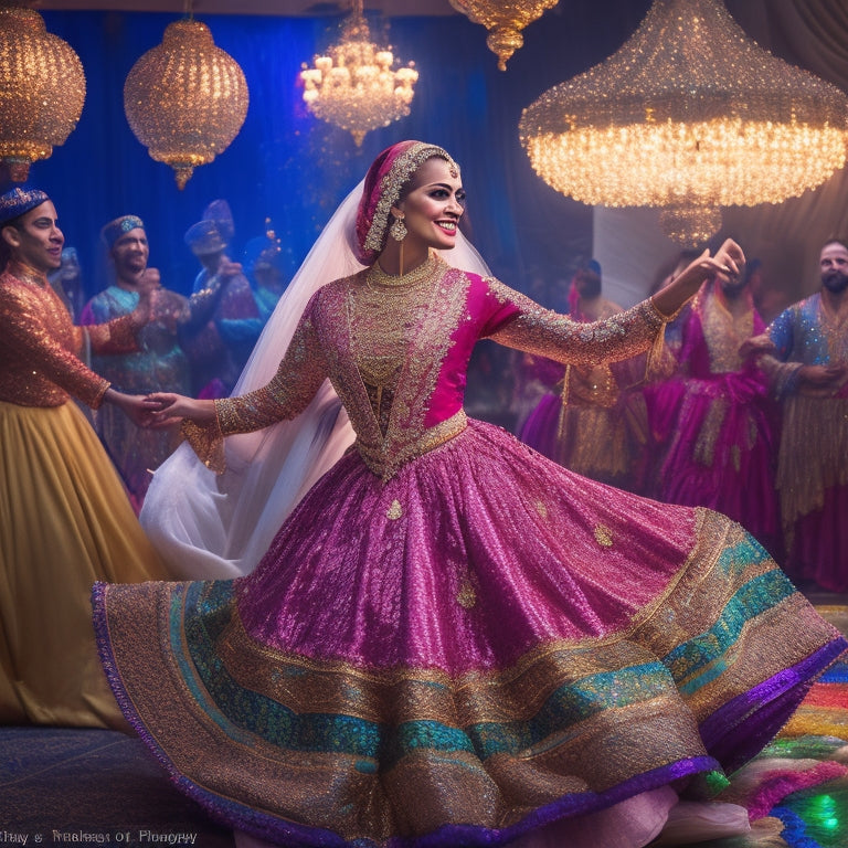 A vibrant, golden-lit scene: a beaming bride in a intricately embroidered, sequined gown, surrounded by whirling dervish dancers, spinning traditional Arabic clothing, amidst a swirl of colorful fabrics and lanterns.