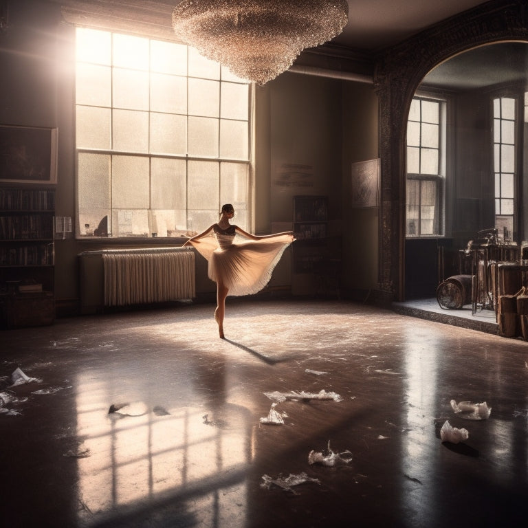 A warm-lit dance studio with a lone dancer in the center, surrounded by fractured mirrors, broken scales, and discarded diet books, with a subtle butterfly emerging from the shadows.