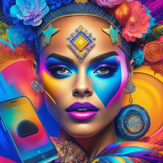 A colorful, stylized illustration of a dancer's face with bold, vibrant makeup, surrounded by laptops, smartphones, and social media icons, blending artistry with digital marketing elements.