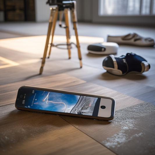 A smartphone with a cracked screen displaying a dance photography editing app, surrounded by scattered dance photos, ballet shoes, and a mini tripod, on a wooden floor with a blurred dance studio background.