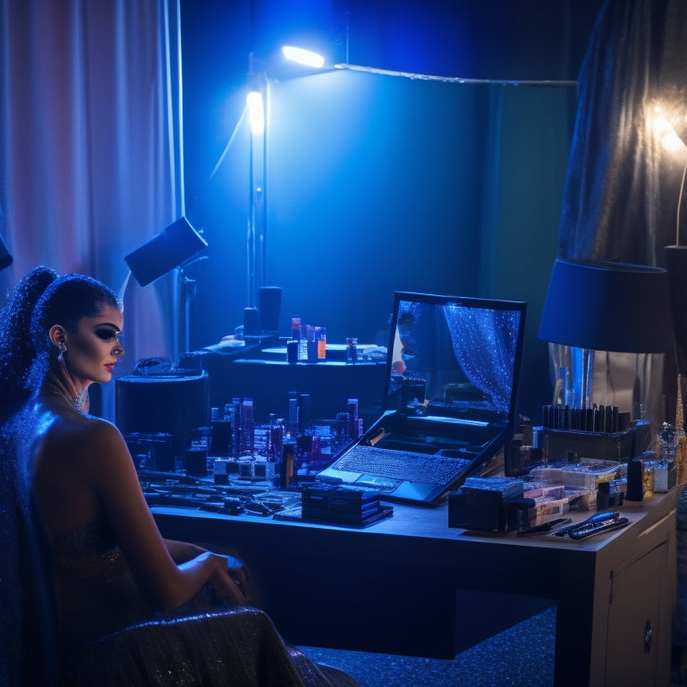 A glamorous, dimly-lit backstage area with a cluttered makeup station, surrounded by open makeup cases, brushes, and mirrors, featuring a stunning, partially-made-up dancer gazing at a laptop screen.