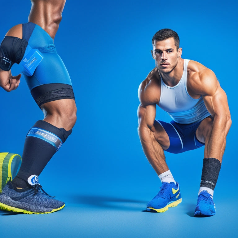 An illustration of a fit athlete in mid-exercise, surrounded by protective gear and symbols, such as a knee brace, athletic tape, and a first-aid kit, on a bright blue background.