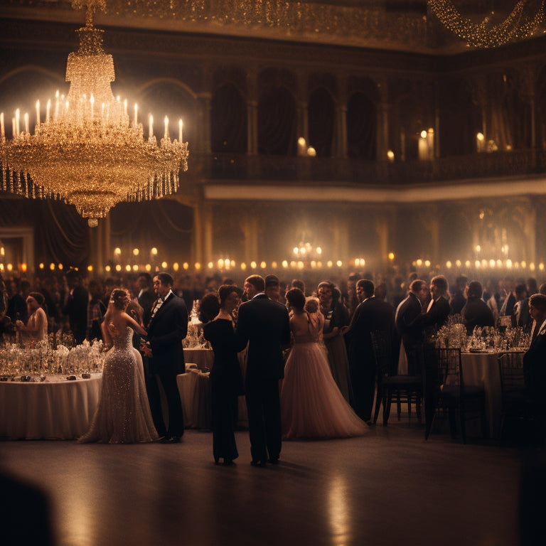 A vibrant, dimly lit ballroom scene with a sparkling chandelier, round tables with white linens, and couples in formal attire dancing to a live band playing jazz music in the background.