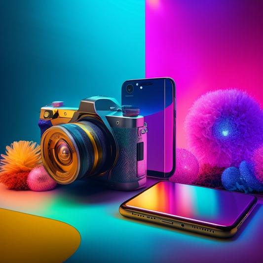 A futuristic smartphone with a TikTok app open on the screen, surrounded by creative tools like cameras, microphones, and colorful lights, set against a dynamic, swirly background with a subtle spotlight effect.