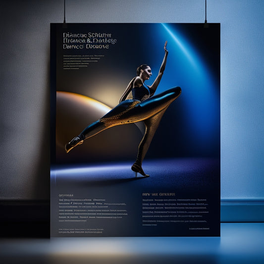 A sleek, modern dance studio flyer with a bold, black background, illuminated by spotlights shining down on a pair of dancing feet, surrounded by swirling, abstract shapes.