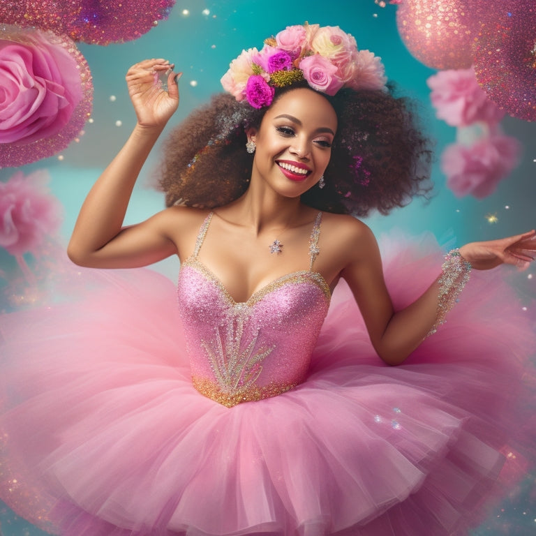 A whimsical illustration of Rosie Reyes, a smiling ballerina, wearing a sparkling tutu and a dancing bodice, surrounded by swirling ribbons and flowers, amidst a soft, pastel-colored background with subtle glitter accents.