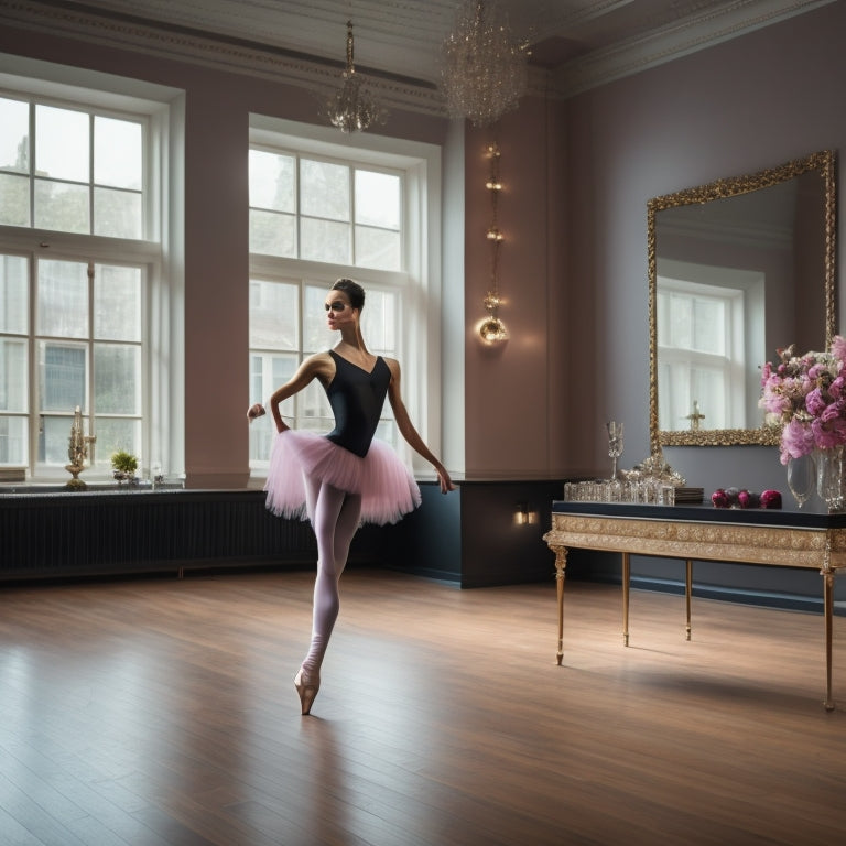 A sleek ballet studio with a polished wooden floor, showcasing a graceful dancer in a fitted black leotard, soft pink tights, and satin pointe shoes, surrounded by elegant accessories like a flowing wrap and hairpins.