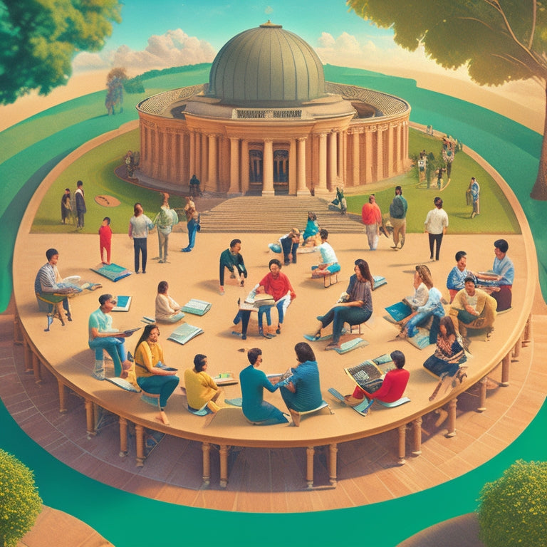 A vibrant, stylized illustration of a campus quad, with students of diverse backgrounds and ages gathered around a large, glowing globe, surrounded by laptops, books, and subtle hints of innovation.