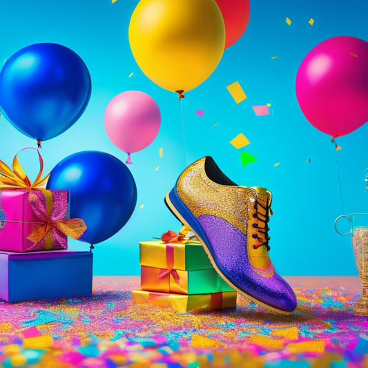 A vibrant illustration featuring a pair of dancing shoes, surrounded by confetti and balloons, with a gift card and a trophy in the center, set against a bright, gradient-colored background.