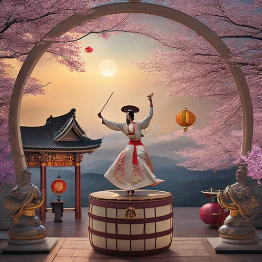 A dynamic illustration featuring a dancing figure in the center, surrounded by northeastern cultural elements like Korean drums, Japanese cherry blossoms, and Chinese lanterns, with a subtle clock in the background.