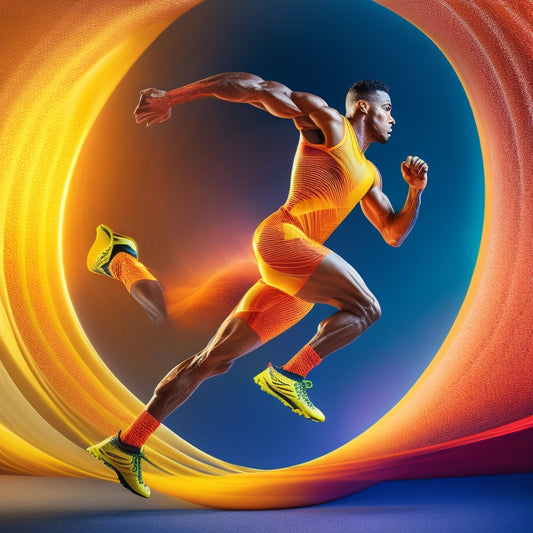 An illustration of a fit, athletic individual in dynamic motion, surrounded by swirling patterns of bright orange and yellow, representing optimal energy, amidst subtle hints of nature and kinetic lines.