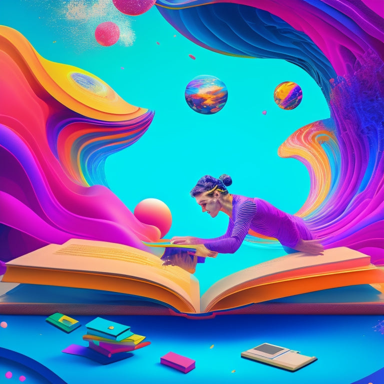 A vibrant, stylized illustration of a person diving into a pool of colorful, swirling shapes, surrounded by laptops, tablets, and books of varying sizes, with subtle gradient effects and soft lighting.