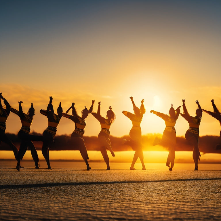 A dramatic, high-contrast image of a Drill Dance Team in silhouette, posed in dynamic, angular formations, against a warm, sunset-lit background with subtle, gradient shadows.