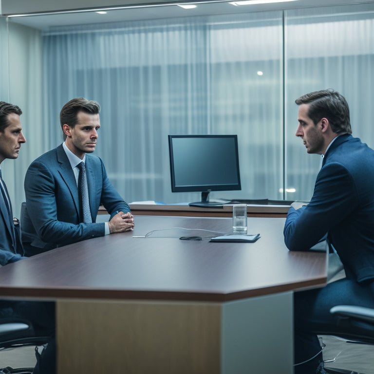 A conference room with two interviewees, identical in appearance, swapping seats and clothes, with a blurred background of stunned onlookers and a faint mirror reflection of the same scene.