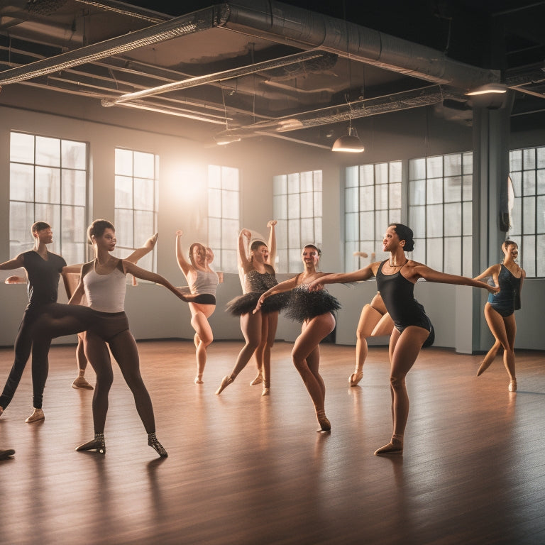 A vibrant dance studio with a professional sound system, mirrors, and a wooden floor, featuring a diverse group of young adults in various dance poses, surrounded by ballet bars and spotlights.