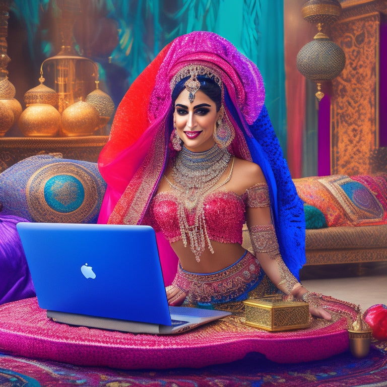 A vibrant illustration featuring a beautiful, slender woman in a flowing, colorful belly dance costume, surrounded by laptops and mobile devices displaying online shopping platforms, amidst a subtle Middle Eastern-inspired background.