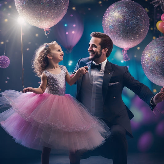 A whimsical illustration of a smiling father twirling his little girl, dressed in a sparkling tutu, amidst a backdrop of balloons, flowers, and a giant glittering disco ball.