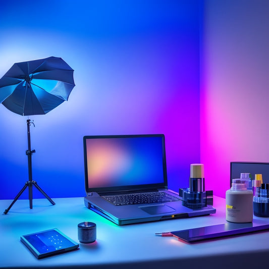 A sleek, modern makeup station with an airbrush gun, colorful makeup products, and a tablet or laptop displaying a virtual makeup design course in the background, surrounded by subtle, glowing studio lights.