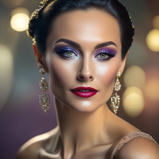 A glamorous, spotlight-lit ballroom dancer in mid-pose, wearing a dazzling evening gown, with a close-up of their flawless, shimmering makeup look, including bold eyeshadow, defined brows, and luscious lashes.