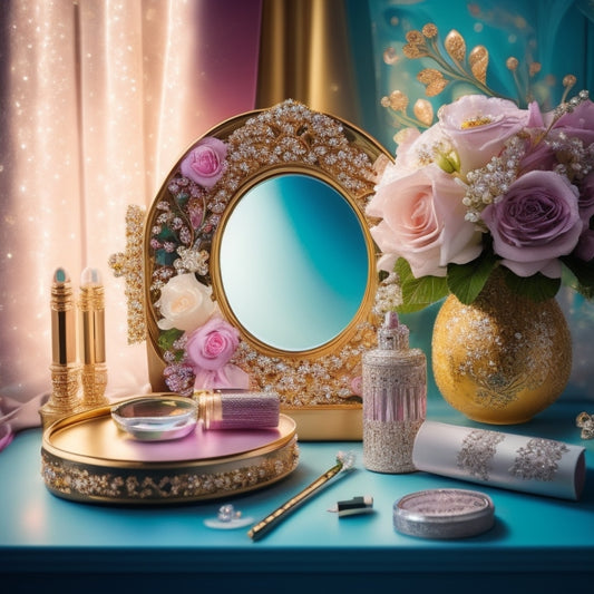 A whimsical illustration of a glamorous teenager's vanity, adorned with sparkling makeup, rhinestones, and delicate flowers, amidst soft, golden lighting and lavish fabrics, evoking a sense of luxury and sophistication.