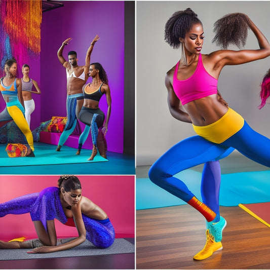 A vibrant studio scene showcasing diverse dancers in sleek, form-fitting leggings, cropped tops, and breathable tank tops, surrounded by essential accessories like dance shoes, leg warmers, and a colorful yoga mat.