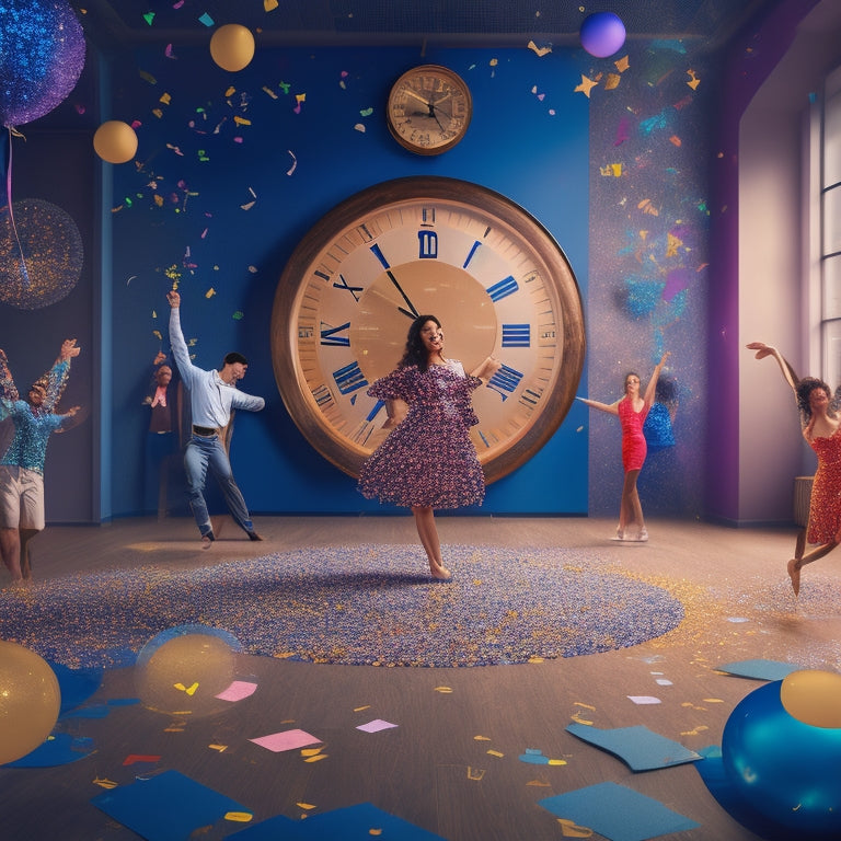 A stylized illustration of a dance studio with confetti and balloons, surrounded by thought bubbles containing puzzle pieces, clocks, and checkmarks, amidst a subtle background of swirling dance moves.