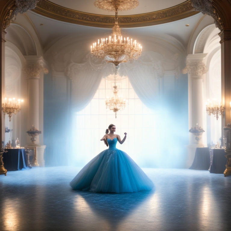 A warm, golden-lit ballroom with a grand chandelier, mirrored walls, and a polished wooden floor, featuring Candace Cameron Bure in a flowing, pale blue gown, dancing with outstretched arms, surrounded by gentle, swirling fog.