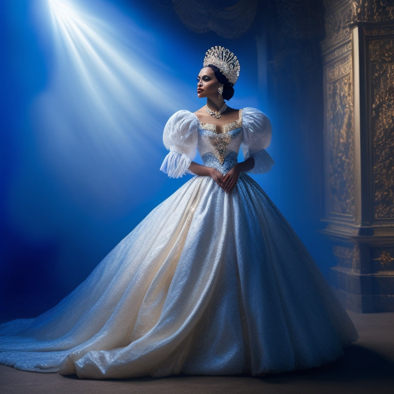 A dramatic, spotlight-lit figure wears a intricately designed, flowing white and blue costume with layered skirts and ornate, golden accents, posing heroically against a dark, misty background.