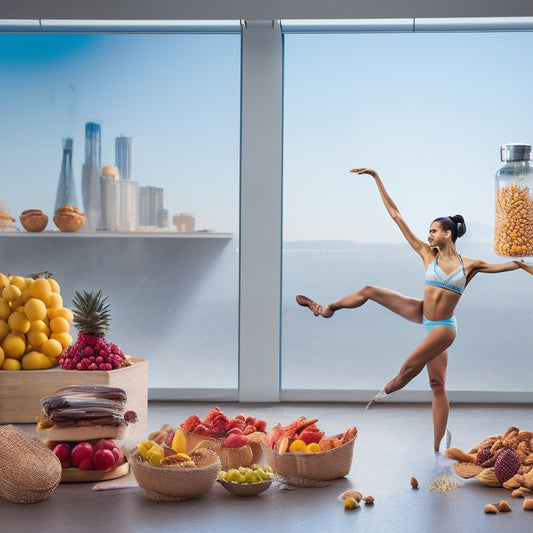 A vibrant, clutter-free studio setting with a dancer in motion, surrounded by healthy snacks: fresh fruits, nuts, energy bars, and a refillable water bottle, against a warm, natural light-filled background.