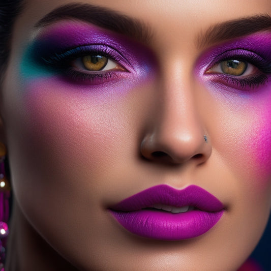 A close-up portrait of Yasmin Finney's face, spotlighting her vibrant, multi-colored eyeshadow look, with bold, blended shades of pink, purple, and turquoise, against a dark, moody background.