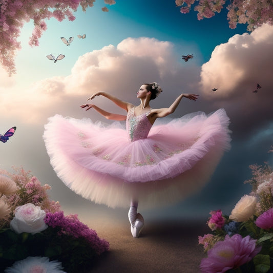 A whimsical illustration of a ballerina surrounded by swirling clouds of pastel colors, with delicate flowers and butterflies dancing around her, amidst a subtle background of ballet slippers and music notes.