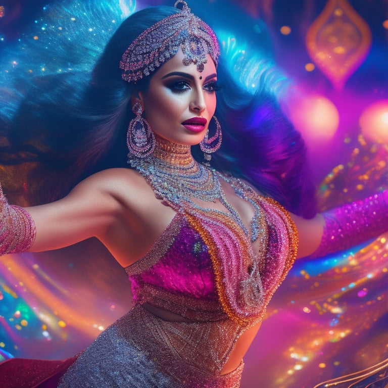 A vibrant, mesmerizing illustration featuring a belly dancer in mid-performance, surrounded by swirling patterns of lights, fabrics, and jewels, with a subtle YouTube play button incorporated into the design.