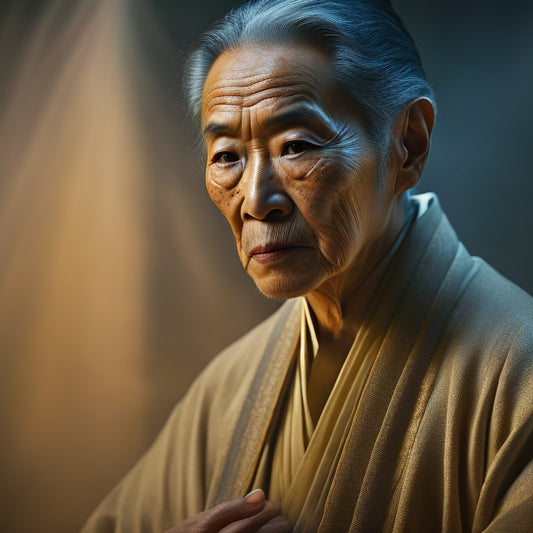 A dimly lit, misty background with a subtle Japanese pattern. A gaunt, aged Hijikata Tatsumi in a twisted, contorted pose, spotlighted, with exaggerated facial features and long, spindly fingers.
