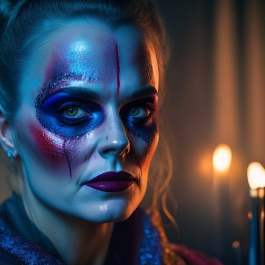 A dimly lit, eerie portrait of Jo Steel, surrounded by makeup brushes, prosthetics, and fake blood, with a half-finished Halloween-inspired makeup design on her own face, gazing intensely at the viewer.