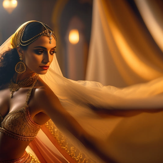 A warm, golden-lit studio with a belly dancer in motion, veil flowing behind her, surrounded by ornate Middle Eastern patterns, with a shallow depth of field, blurring the background.