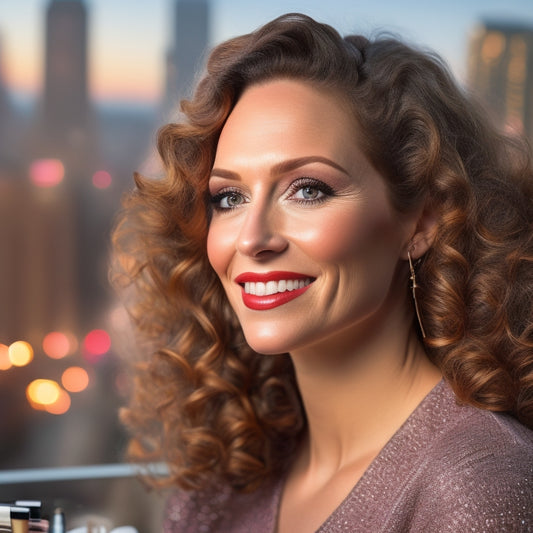 A warm, soft-lit portrait of Stacy Smart, a confident woman in her 30s with curly brown hair and a gentle smile, surrounded by makeup brushes and products, with a subtle cityscape in the background.