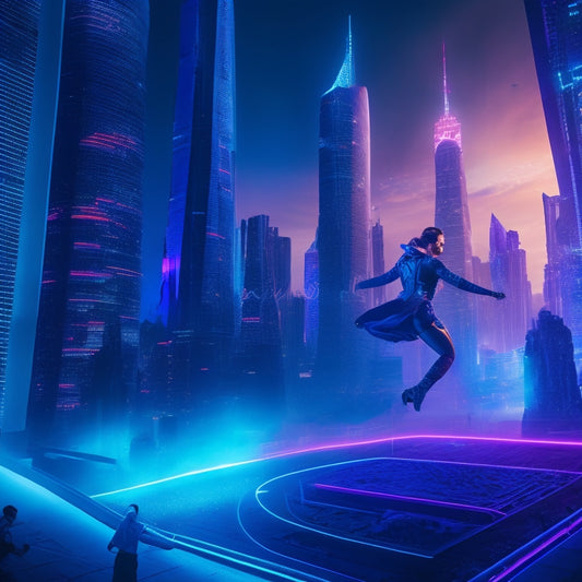 A dark, neon-lit cityscape at dusk, with sleek skyscrapers and holographic advertisements swirling around devilish, futuristic dancers in mid-air, surrounded by a halo of pulsing, electric blue light.