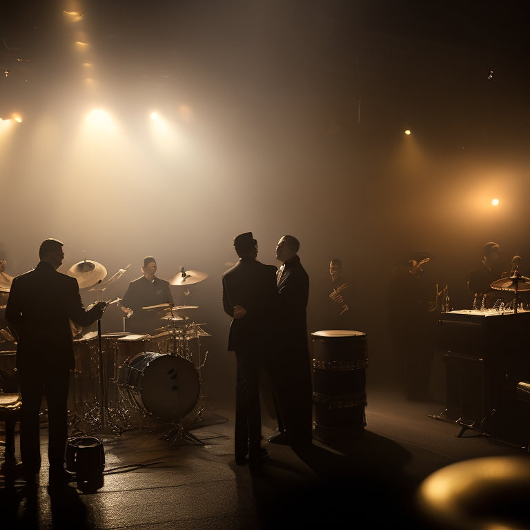 A dimly lit, smoky jazz club scene at night, with a grand piano center stage, surrounded by saxophones, trumpets, and drums, amidst swirling mist and subtle, golden lighting.