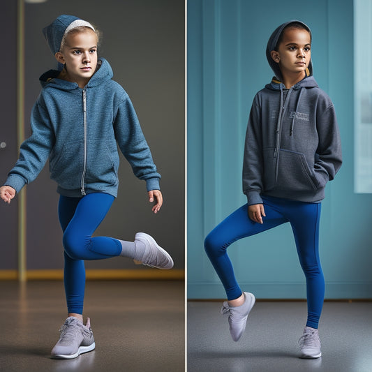 A stylized illustration of a young dancer, likely between 10-14 years old, wearing a trendy college hoodie, leggings, and ballet shoes, posing confidently in a dance studio.