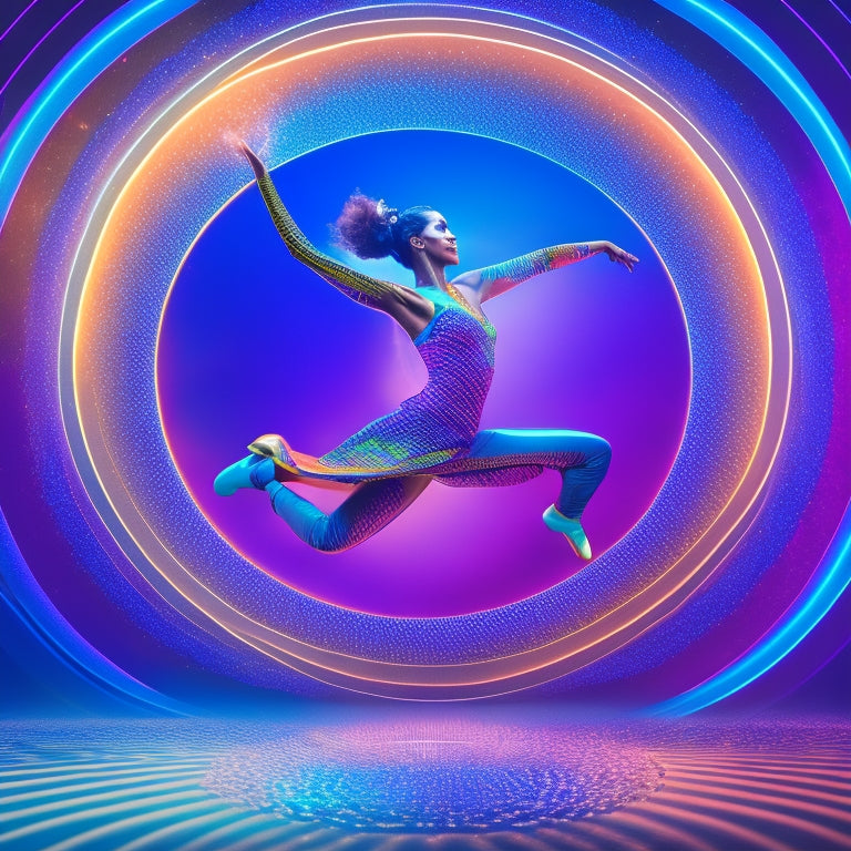 A colorful illustration of a dancer in mid-motion, surrounded by swirling shapes and lights, with a subtle grid pattern in the background, subtly hinting at the dance game's UI.