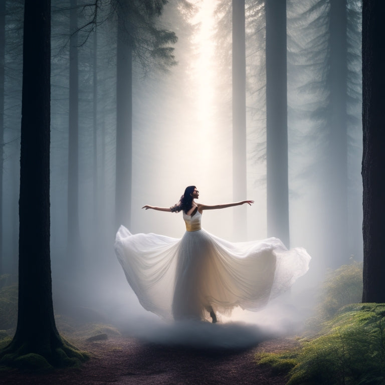A serene, misty forest backdrop with a solo figure in the center, arms outstretched, and legs bent in a fluid, expressive dance move, surrounded by subtle, swirling patterns of light and shadow.