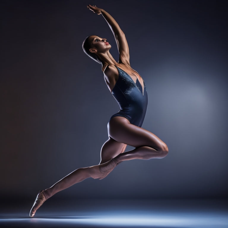 A spotlight shines on a dancer in a leotard, standing in fourth position, with one leg bent behind them, arm extended, and a confident expression, against a dark, gradient background with subtle stage lights.