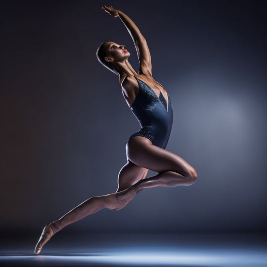 A spotlight shines on a dancer in a leotard, standing in fourth position, with one leg bent behind them, arm extended, and a confident expression, against a dark, gradient background with subtle stage lights.